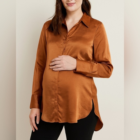 Hatch Tops - hatch maternity satin button down long sleeve shirt